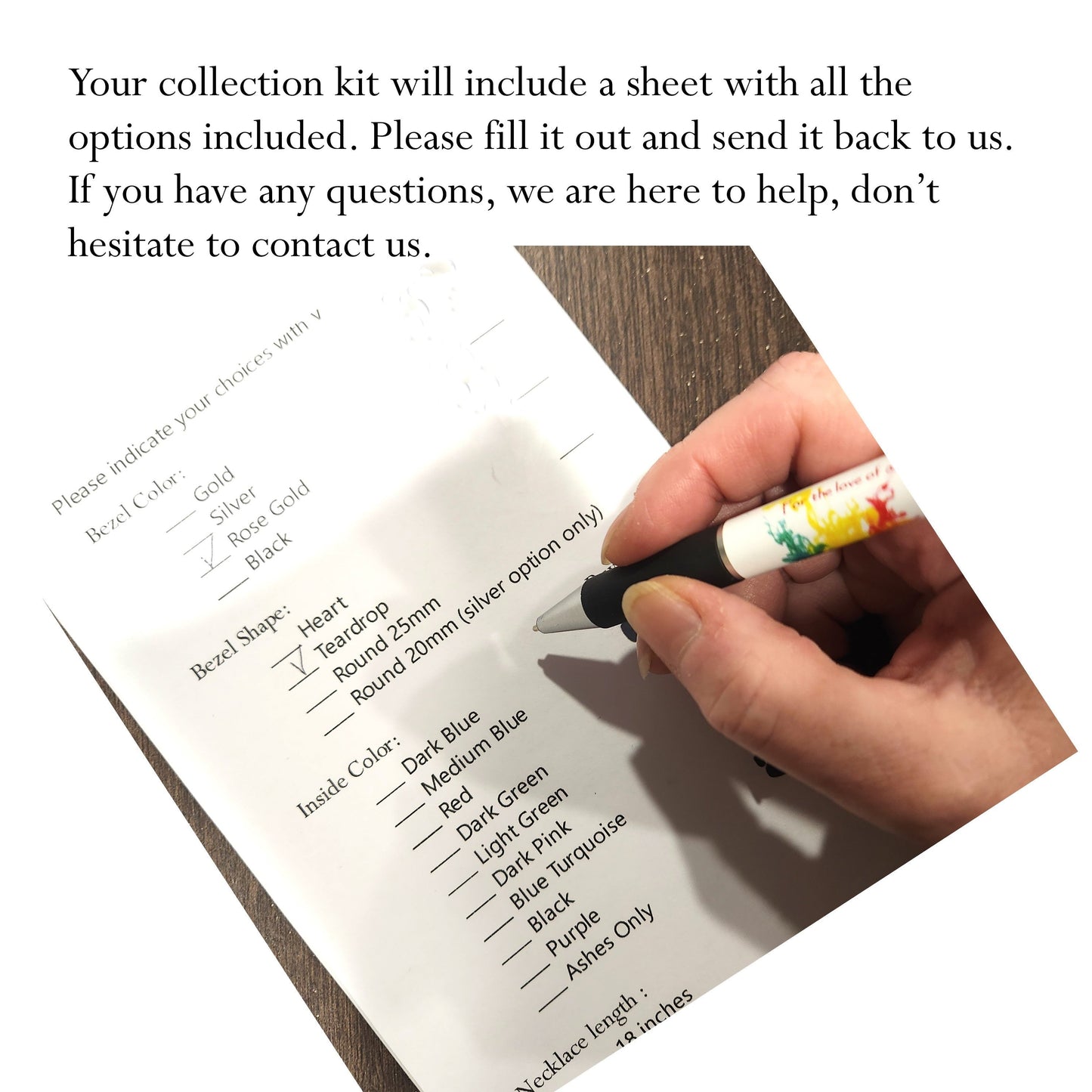 Ash collection kit for The Guardian Flame Dragon Cremation Jewelry, includes selection form and instructions for customization.