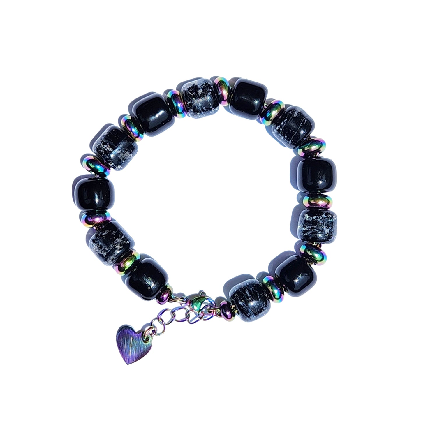 Handmade Black Memorial Bracelet for Men and Women featuring iridescent rings, ash-infused beads, and heart charm. Unique waterproof cremation urn bracelet.