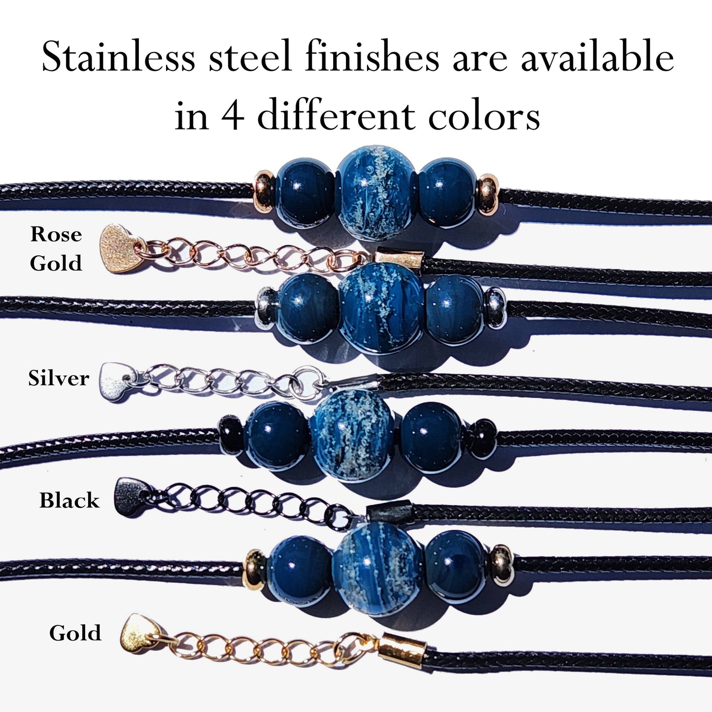 Blue Forever Close Ashes Necklaces with four stainless steel finishes: rose gold, silver, black, and gold. Custom memorial jewelry options.