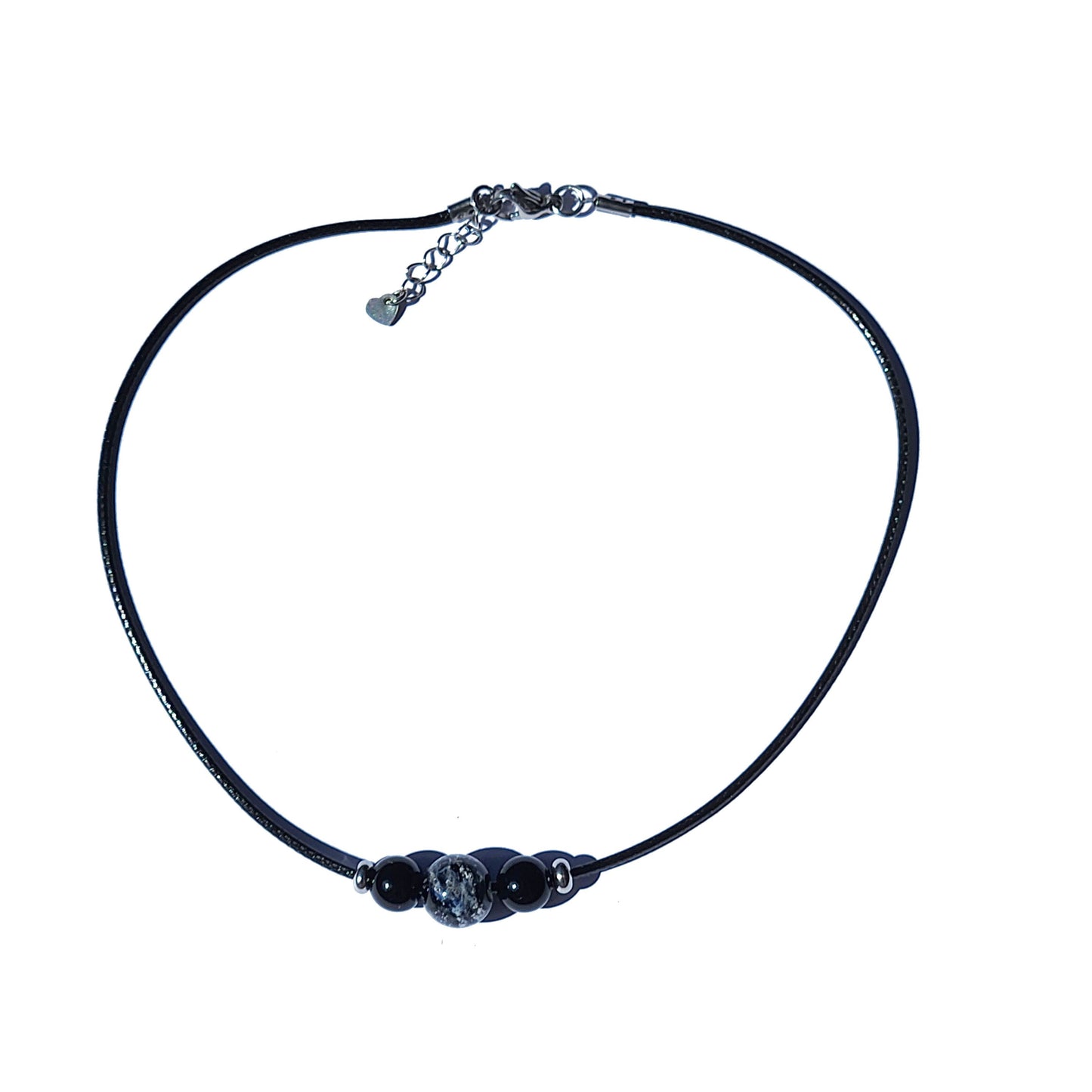 Full view of Cremation Jewelry Urn Necklace with black and ash-infused beads. Adjustable clasp and sleek black cord design.