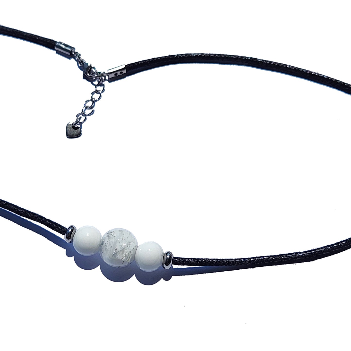 White Forever Close Ashes Necklace featuring handmade cremation beads on black cord. Memorial jewelry with silver accents.