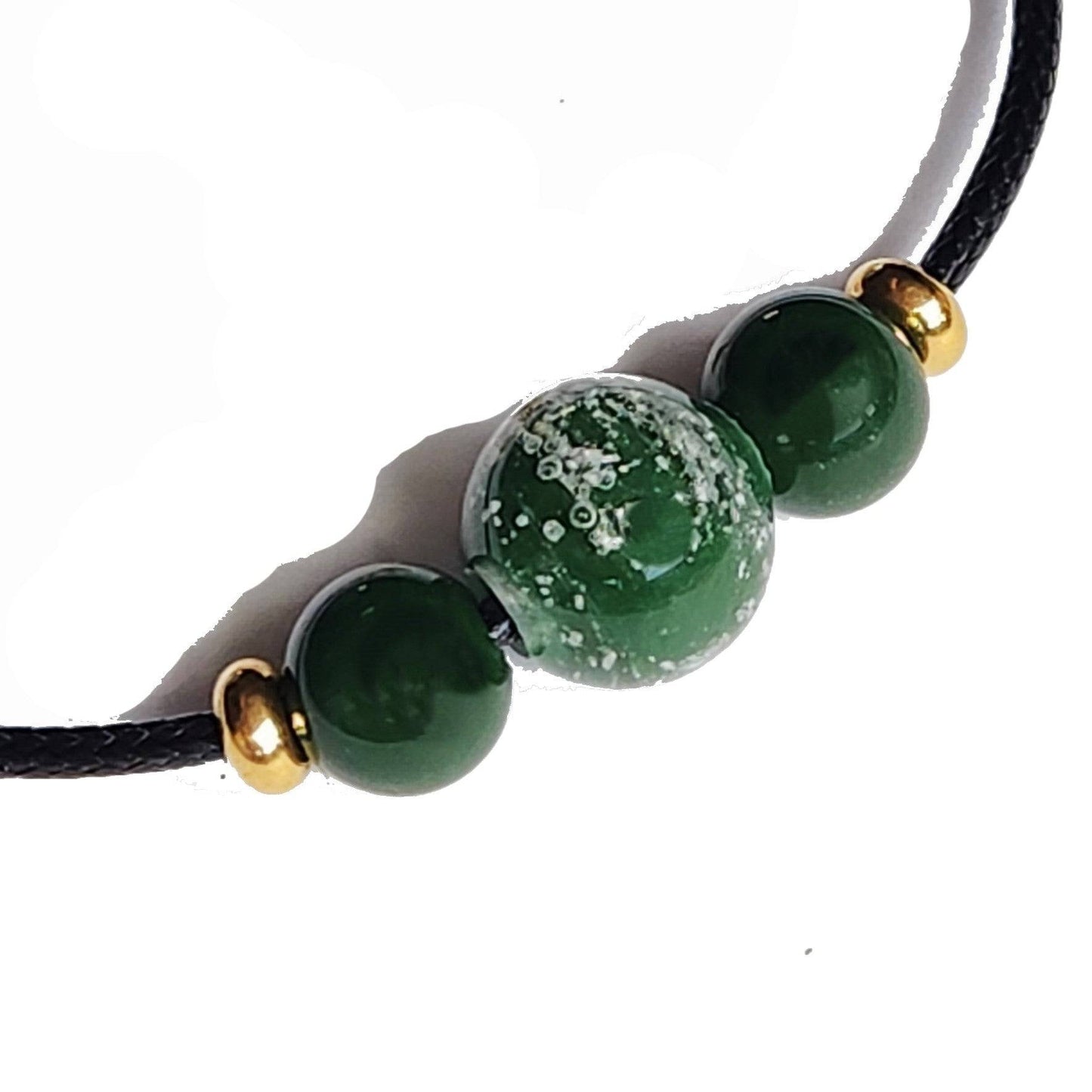 Green Forever Close Ashes Necklace with ash-infused center bead and gold accents. Cremation jewelry for honoring loved ones.