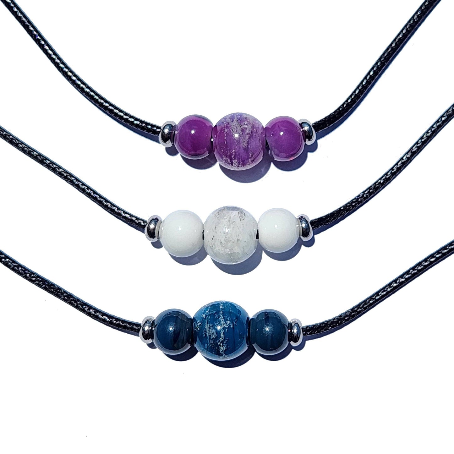 Cremation Jewelry Urn Necklace – Forever Close Ashes Memorial Jewelry in purple, white, and blue glass beads on black cord. Handmade keepsake.