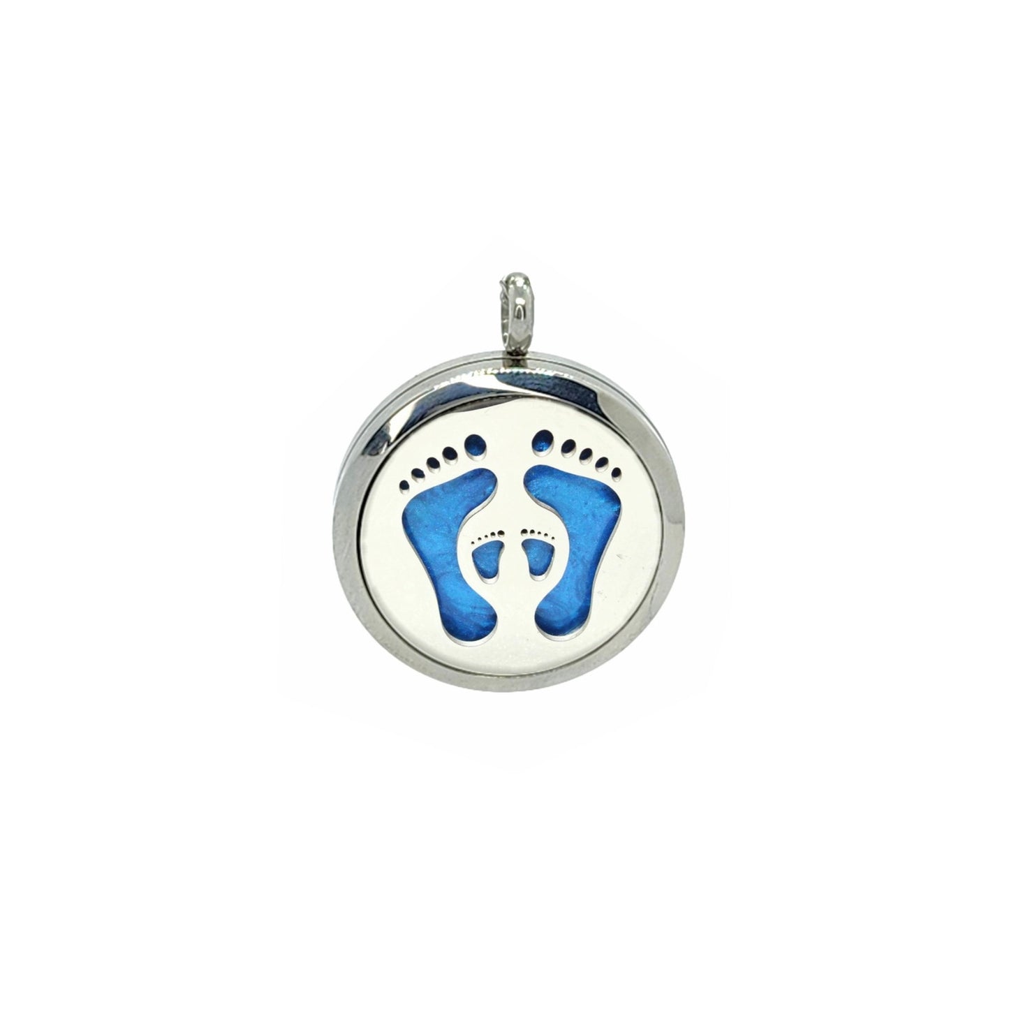 Forever Loved Cremation Pendant with baby footprints on blue background. Stainless steel ashes jewelry for infant remembrance.