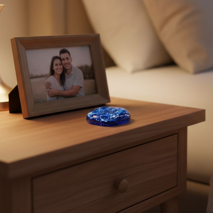 Galaxy Cremation Touchstone | Memorial Glass Keepsake with Ashes in blue and purple hues resting on a wooden nightstand beside a framed photo.