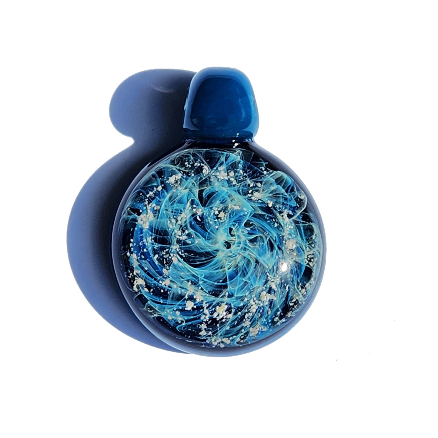 Galaxy Cremation Pendant – Handmade Ashes Memorial Necklace in deep blue glass with swirling white and silver accents, ideal for memorial keepsakes.