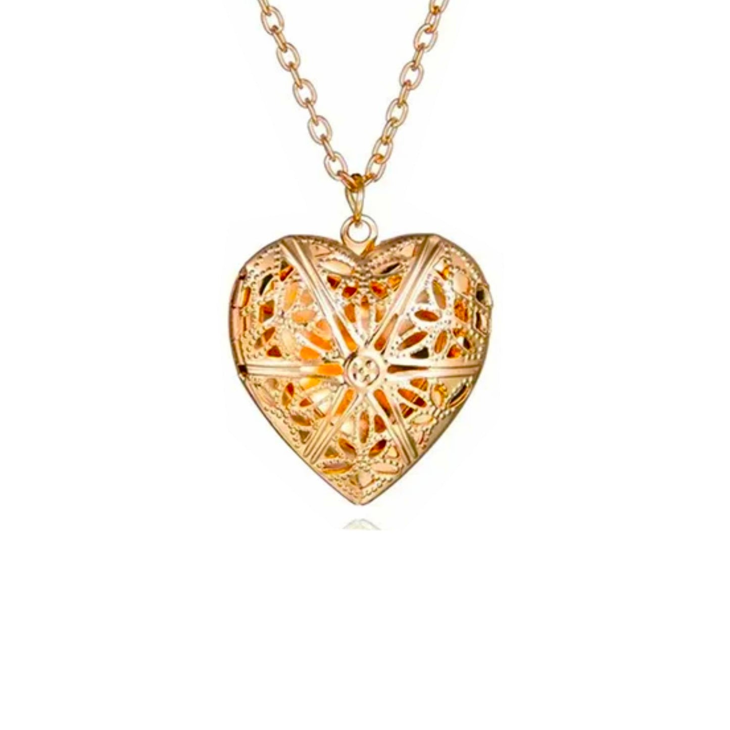 Heart of Remembrance Memorial cremation pendant in gold with intricate rose detail and filigree design. Keepsake urn necklace for ashes.