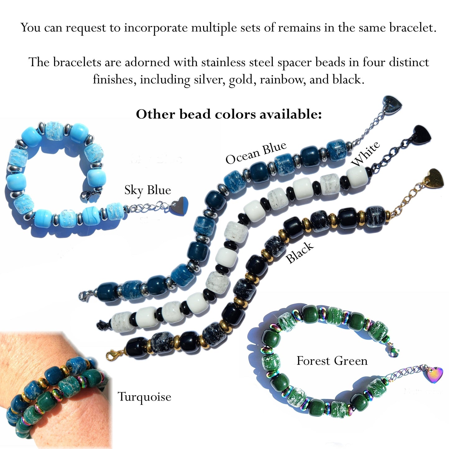 Ocean Blue Memorial Bracelet with ash-infused glass beads and stainless steel spacers in silver finish. Handmade cremation jewelry for remembrance.