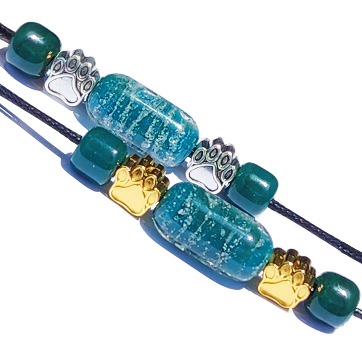 Remember Me Paw Print - Cremation Bracelet-Cremation Bracelet-DragonFire Glass-Turquoise-Gold-DragonFire Glass Cremation Jewelry