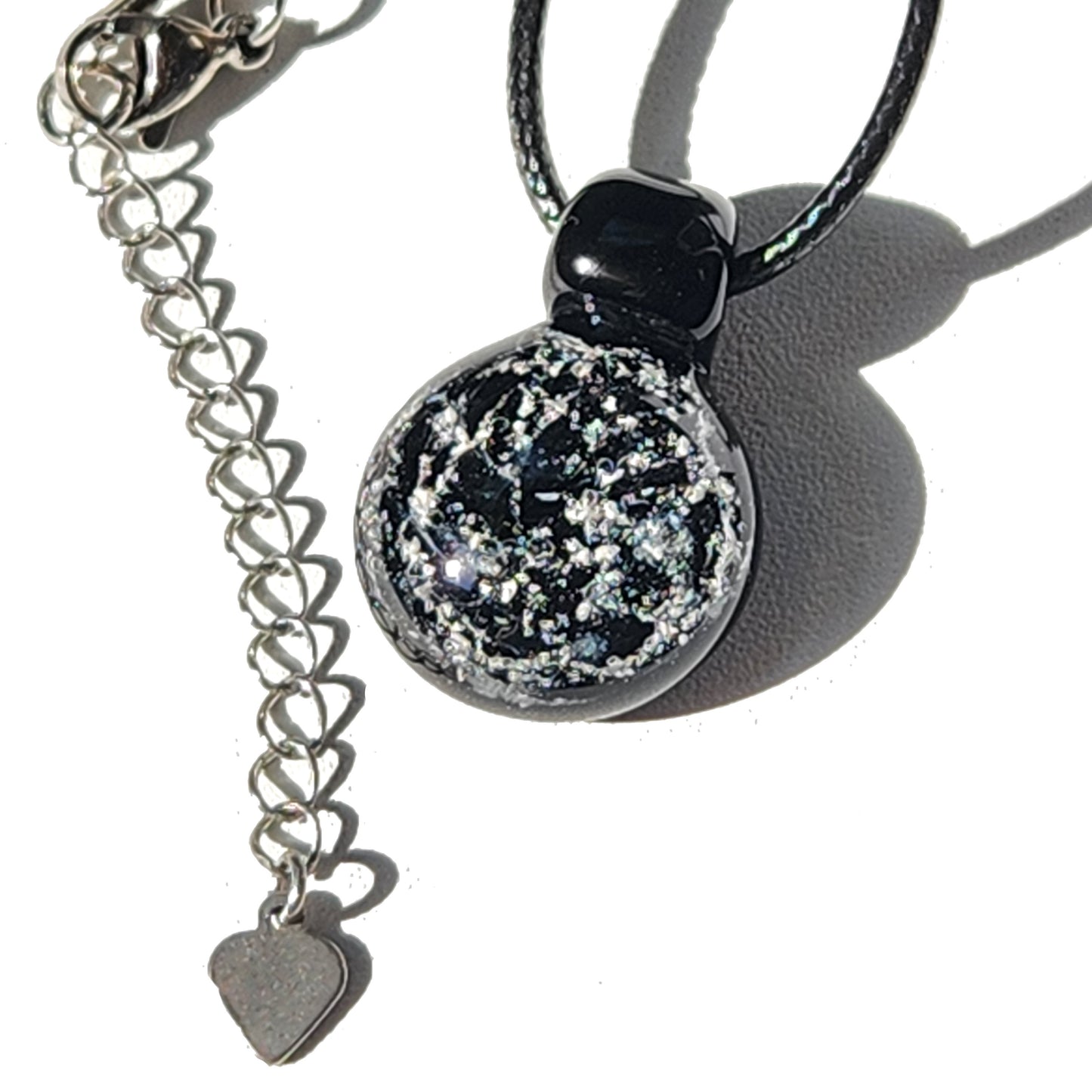 Starred Night - Cremation Pendant Necklace with black cord and silver chain extension, ash-infused glass memorial keepsake.