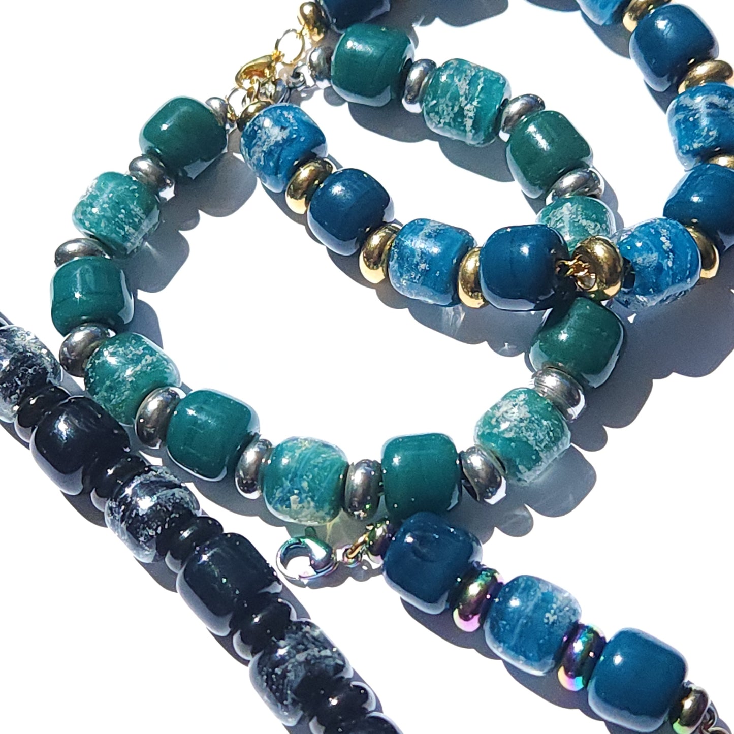 Eternal Bracelet with Cremation Ashes - Gold-Cremation Beads-DragonFire Glass-Ocean Blue-DragonFire Glass Cremation Jewelry
