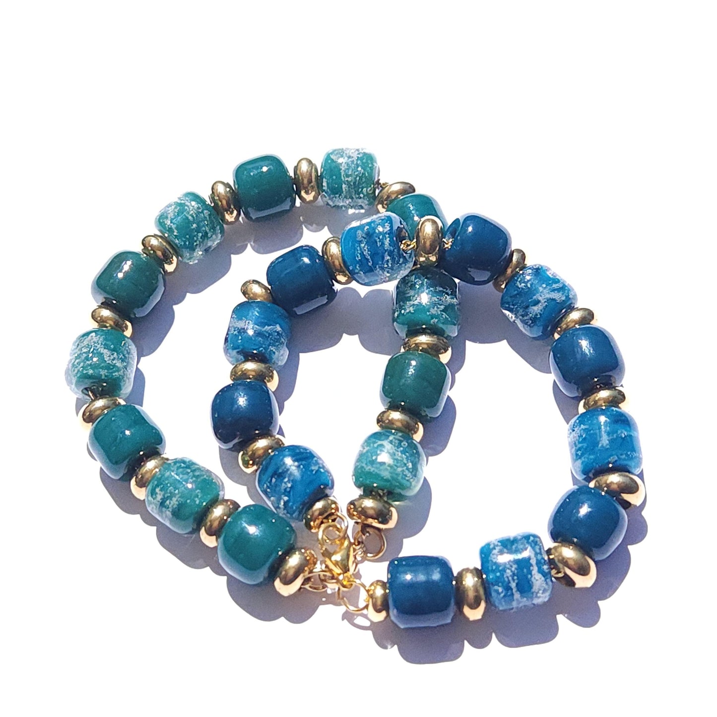 Eternal Bracelet with Cremation Ashes - Gold-Cremation Beads-DragonFire Glass-Ocean Blue-DragonFire Glass Cremation Jewelry