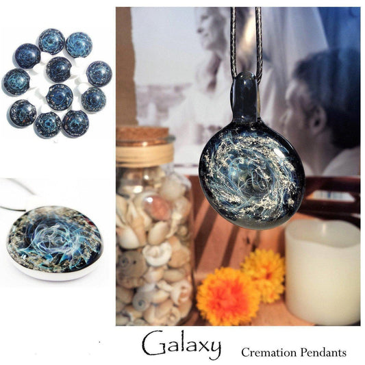 Galaxy Cremation Pendant – Handmade Ashes Memorial Necklace with swirling blue and silver glass design. Unique memorial urn keepsake for ashes.
