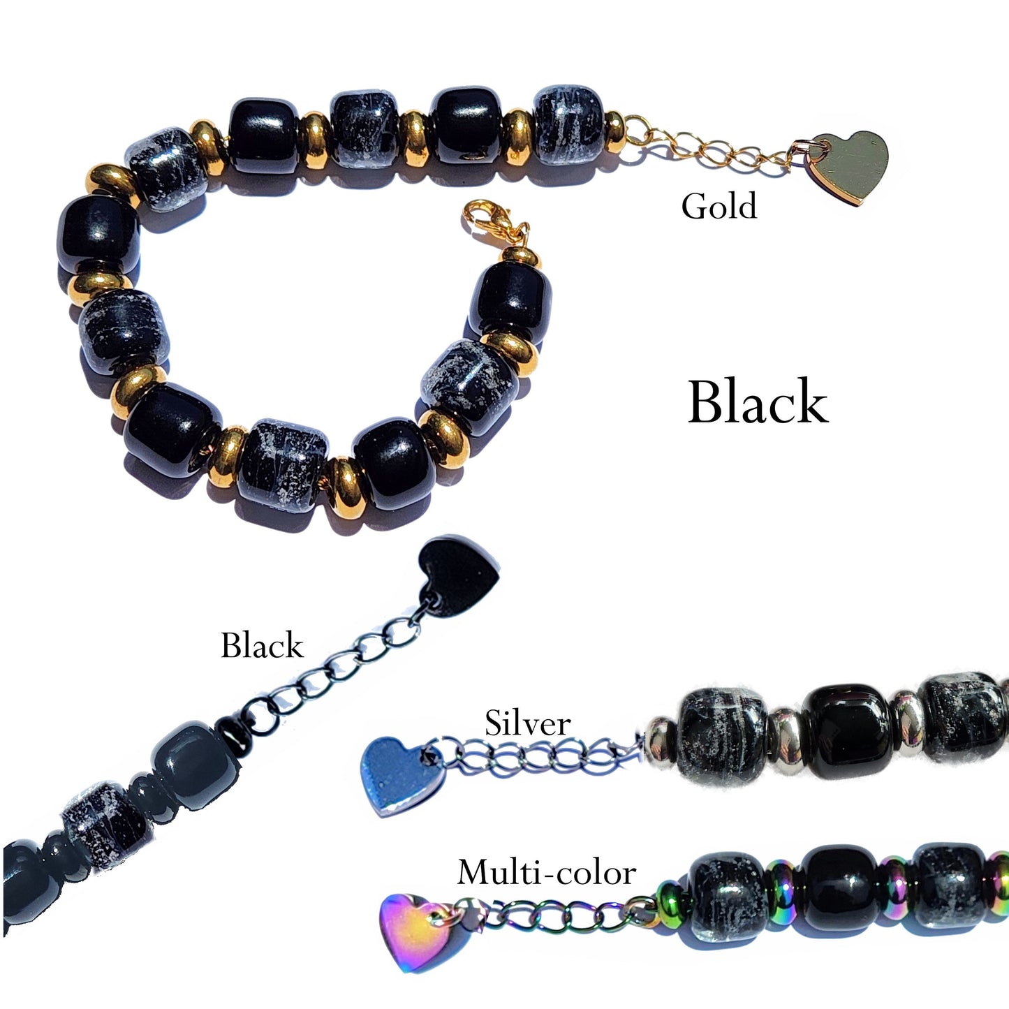 Black Memorial Bracelet for Men and Women with ash-infused glass beads, gold accents, and heart charm clasp from the Eternal Collection.