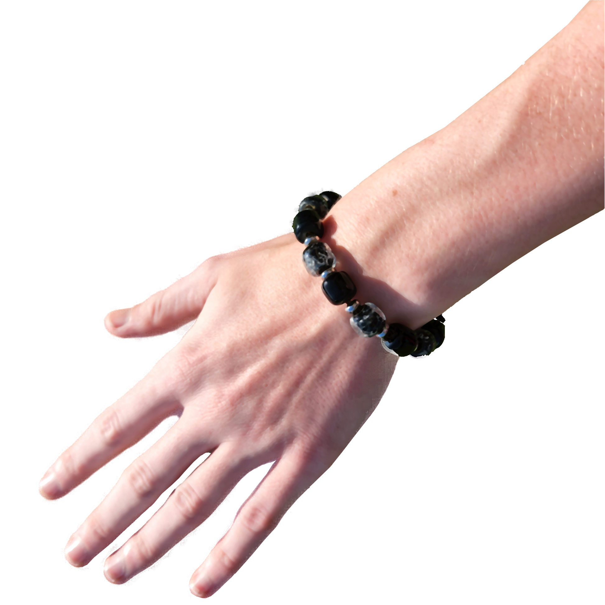 Black Memorial Bracelet for Women from the Eternal Collection shown worn on wrist. Features handmade ash-infused glass beads and stainless steel.
