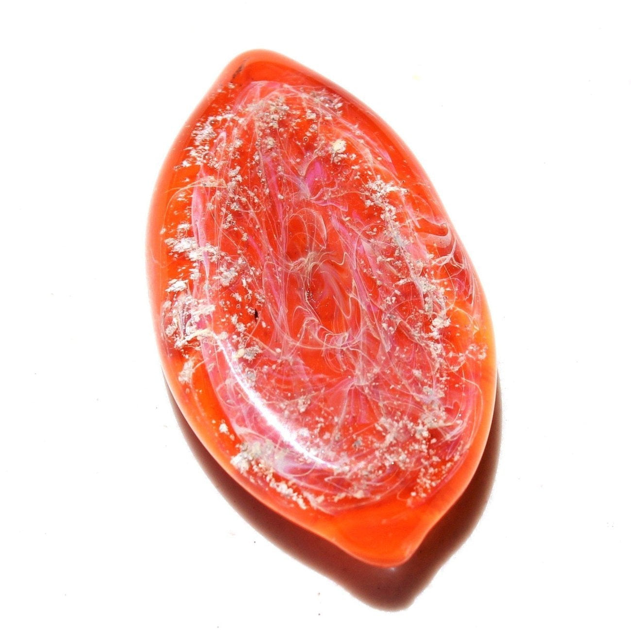 Galaxy Cremation Touchstone in vibrant red and white swirls, a handmade memorial glass keepsake infused with ashes for remembrance and display.