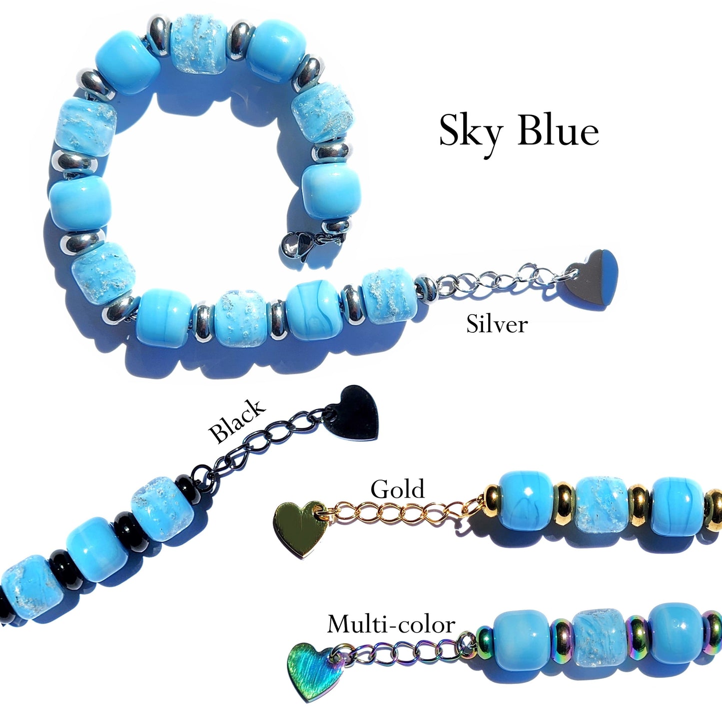 Sky Blue Memorial Bracelet collection showing silver, black, gold, and multicolor chain options with ash-infused cremation beads.
