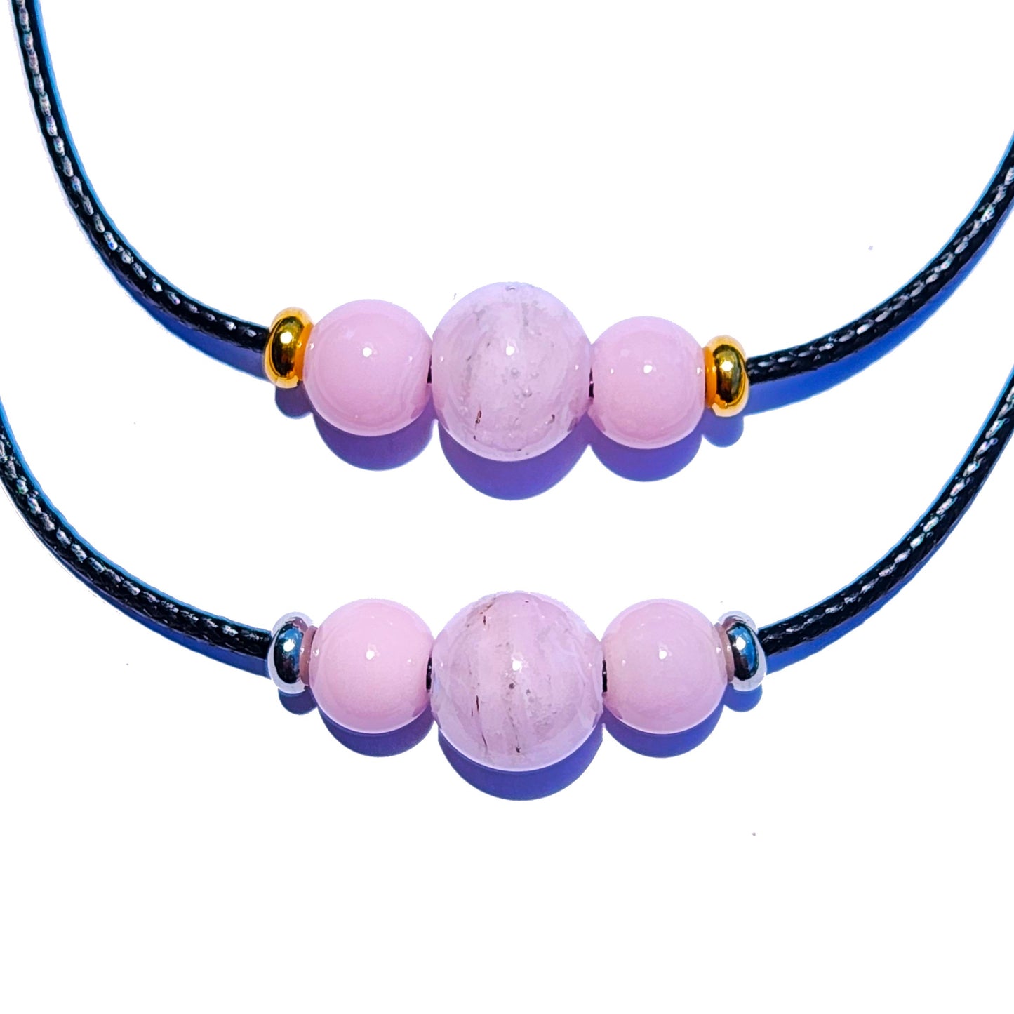 Forever Close Ashes Necklace with pink ash-infused glass beads on adjustable black cord with metal accents.