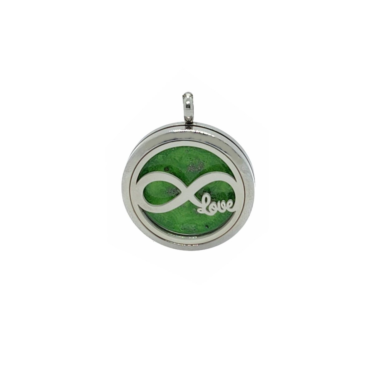 Infinity symbol with LOVE engraving on green background in Forever Loved Cremation Pendant. Stainless steel ashes jewelry for remembrance.