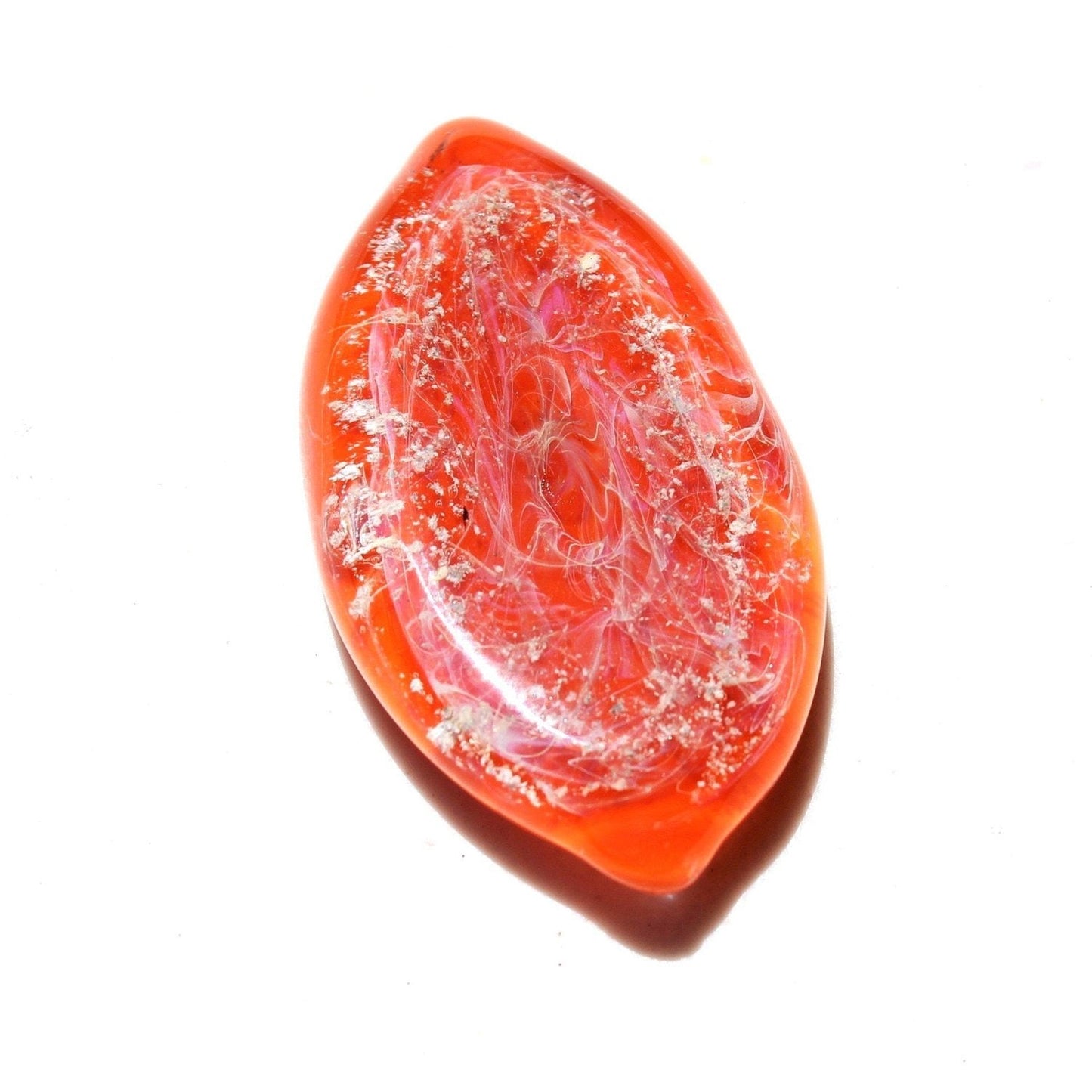 Galaxy Cremation Touchstone in vibrant red and white swirls, a handmade memorial glass keepsake infused with ashes for remembrance and display.