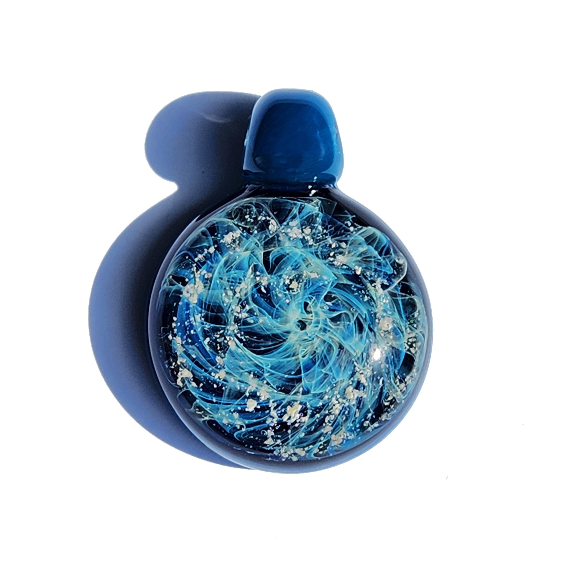 Galaxy Cremation Pendant – Handmade Ashes Memorial Necklace in deep blue glass with swirling white and silver accents, ideal for memorial keepsakes.
