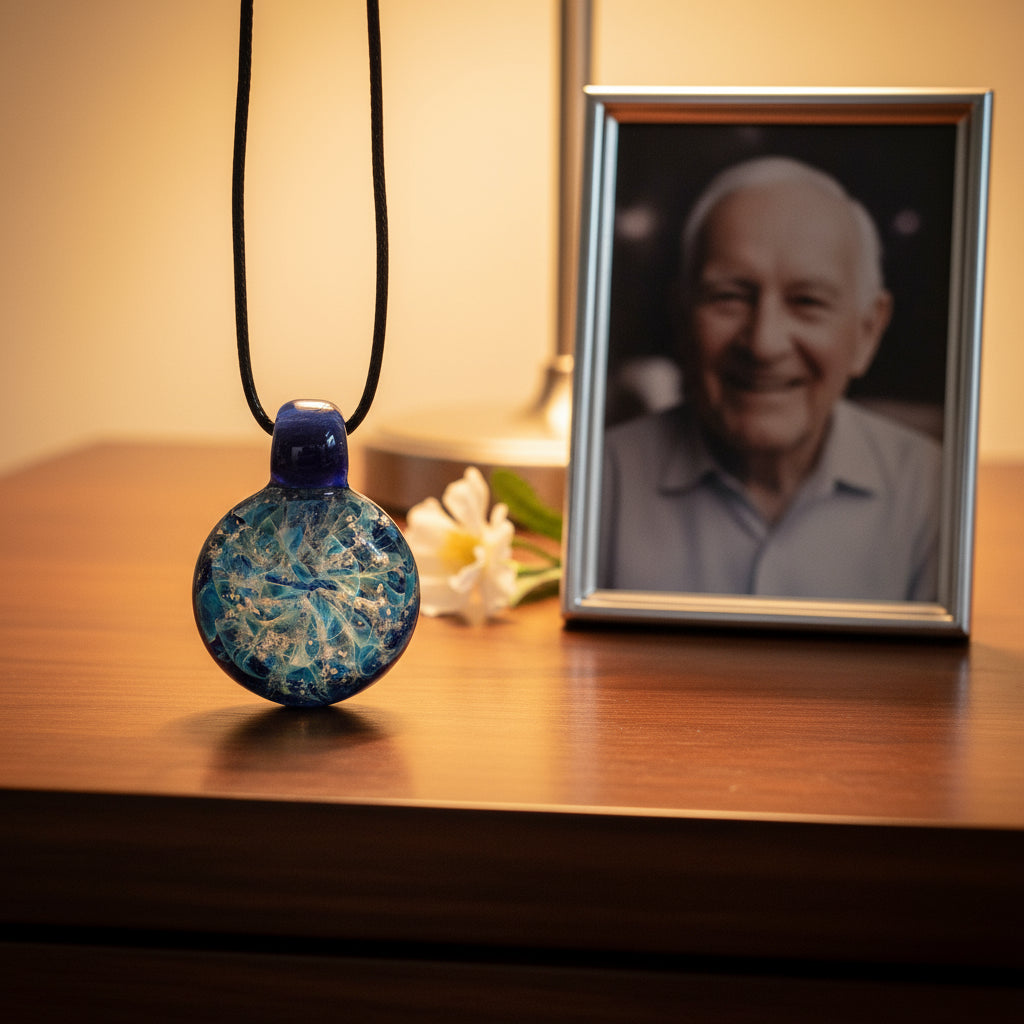 Galaxy Cremation Pendant – Handmade Ashes Memorial Necklace in blue glass with star-like patterns, displayed on a wooden table beside a framed photo and flower.