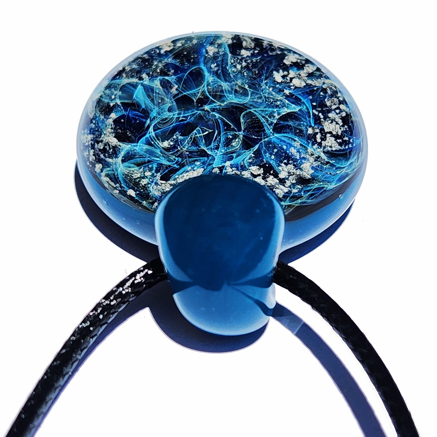 Galaxy Cremation Pendant – Handmade Ashes Memorial Necklace featuring swirling blue glass with silver ash inclusions. A unique keepsake urn pendant.