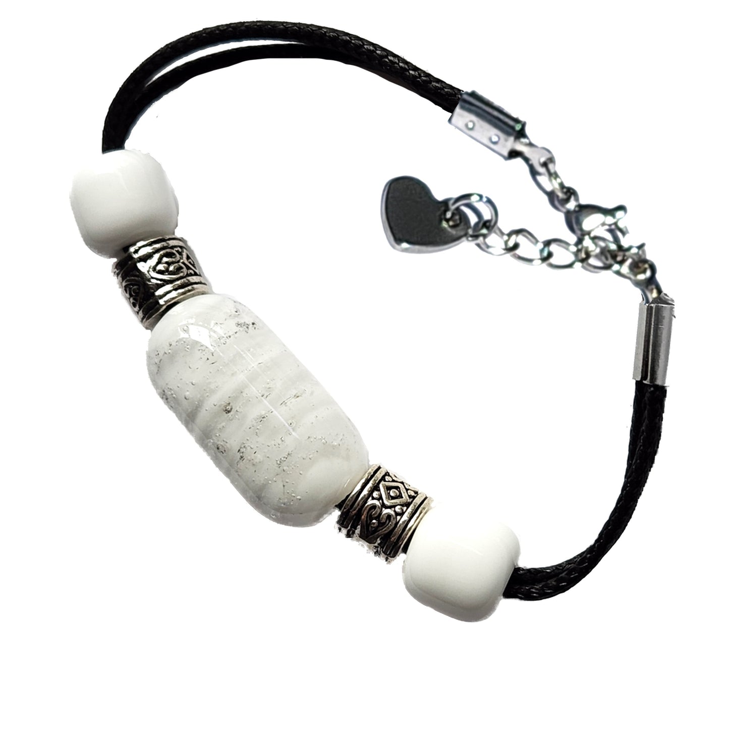 Remember Me cremation bracelet with ashes in white cremation beads and stainless steel heart charm. Handmade memorial jewelry for daily wear.