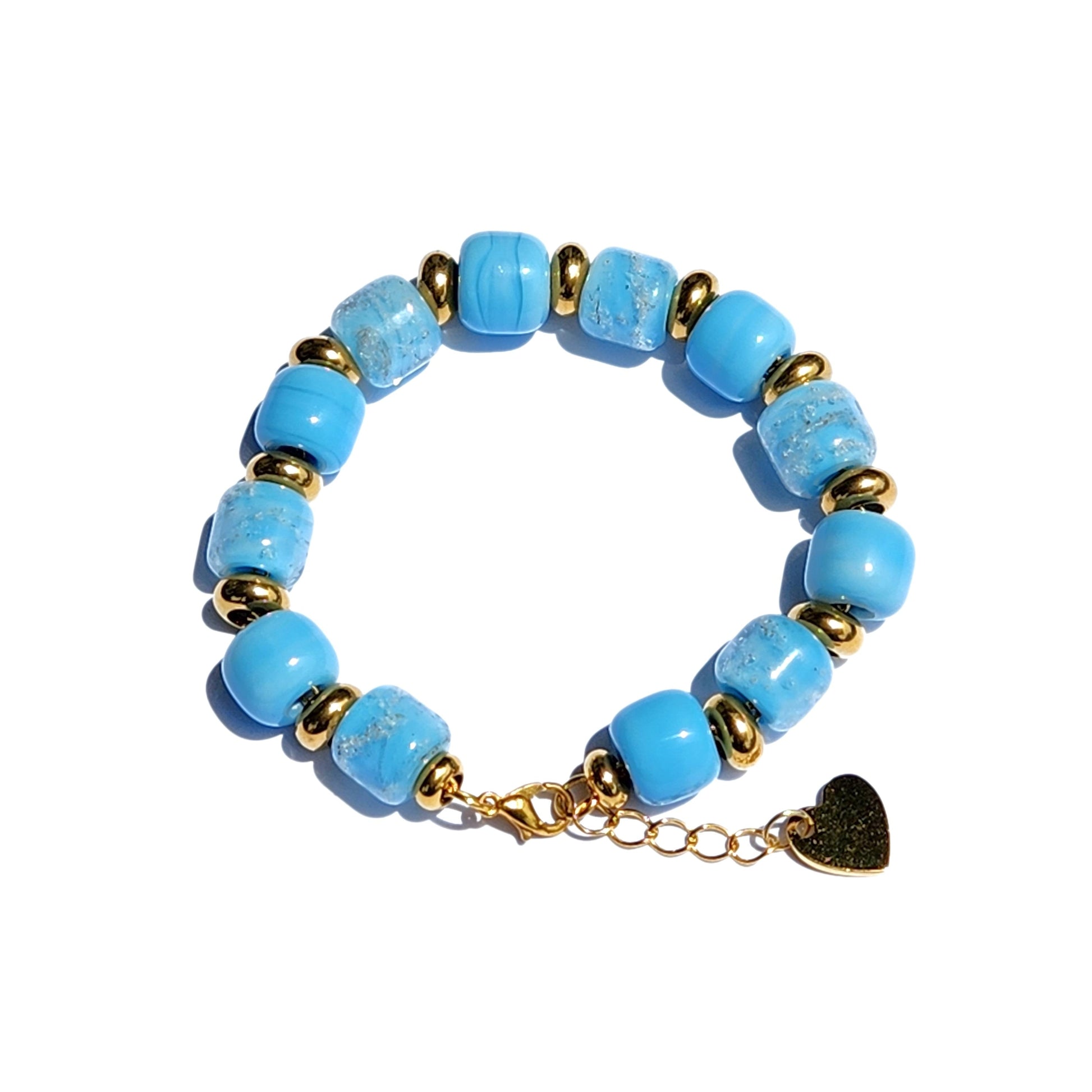 Sky Blue Memorial Bracelet with gold accents and ash-infused beads, a custom cremation keepsake from DragonFire’s Eternal Collection.
