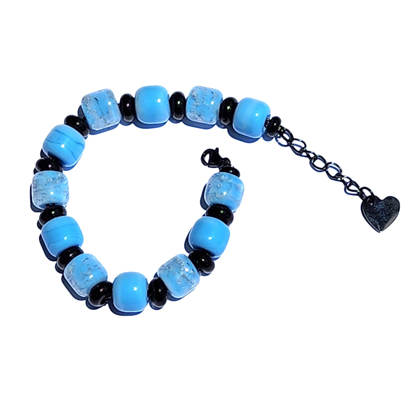 Sky Blue Cremation Bracelet with black accents and heart charm, featuring ash-infused beads for a meaningful memorial gift.
