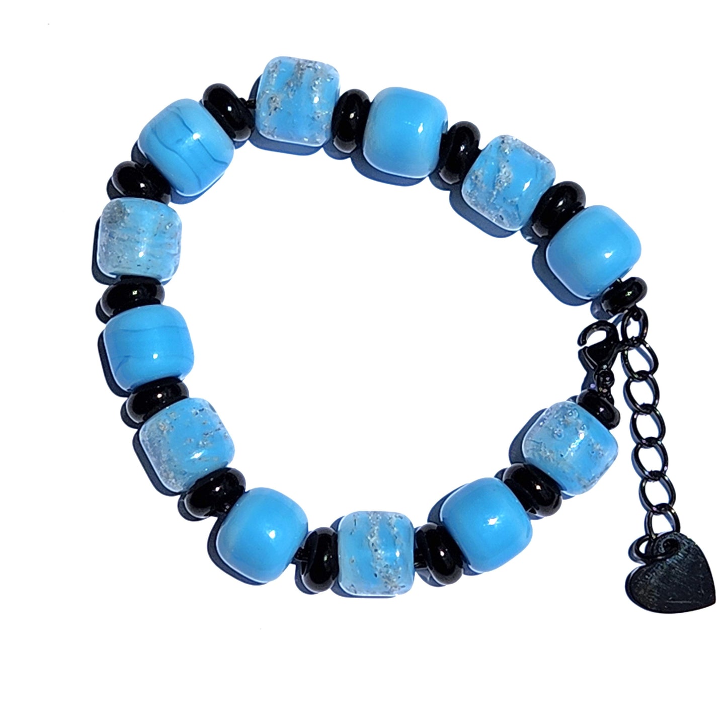 Sky Blue Memorial Bracelet with black spacers and cremation beads, designed for remembrance and handcrafted by DragonFire.