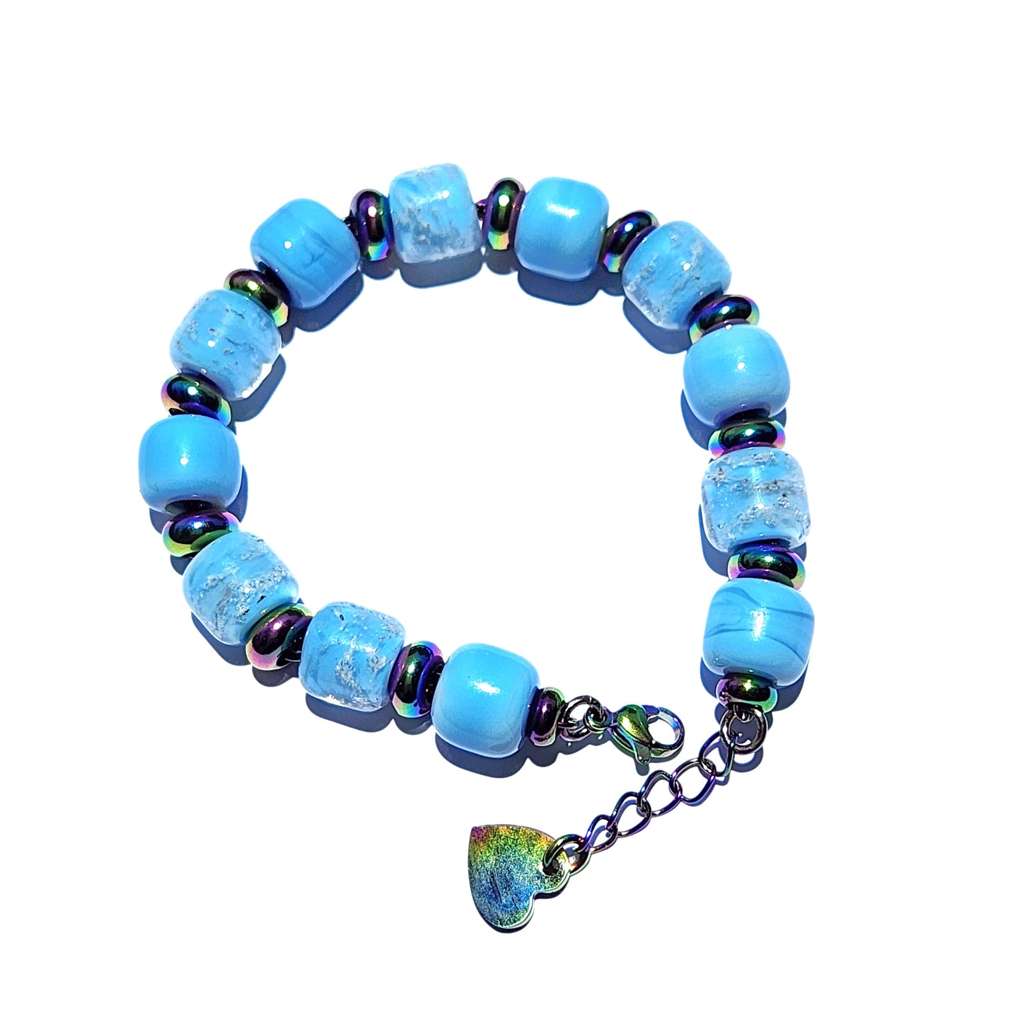 Sky Blue Cremation Bracelet with multicolor accents and ash-infused beads, featuring a heart charm for honoring loved ones.