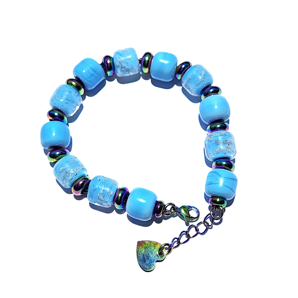 Sky Blue Cremation Bracelet with multicolor accents and ash-infused beads, featuring a heart charm for honoring loved ones.