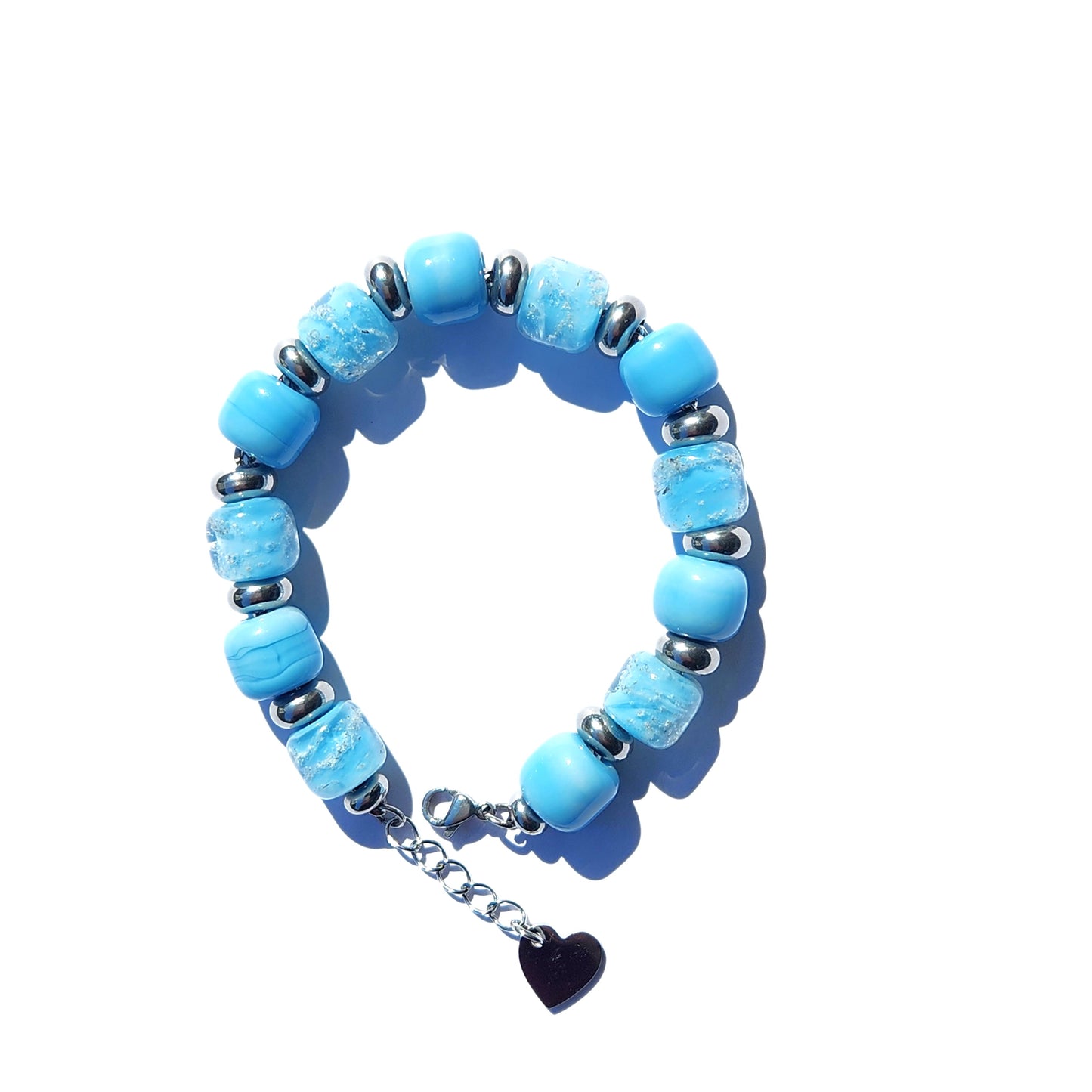 Sky Blue Memorial Bracelet with silver accents and cremation beads, a waterproof tribute piece with heart charm by DragonFire.