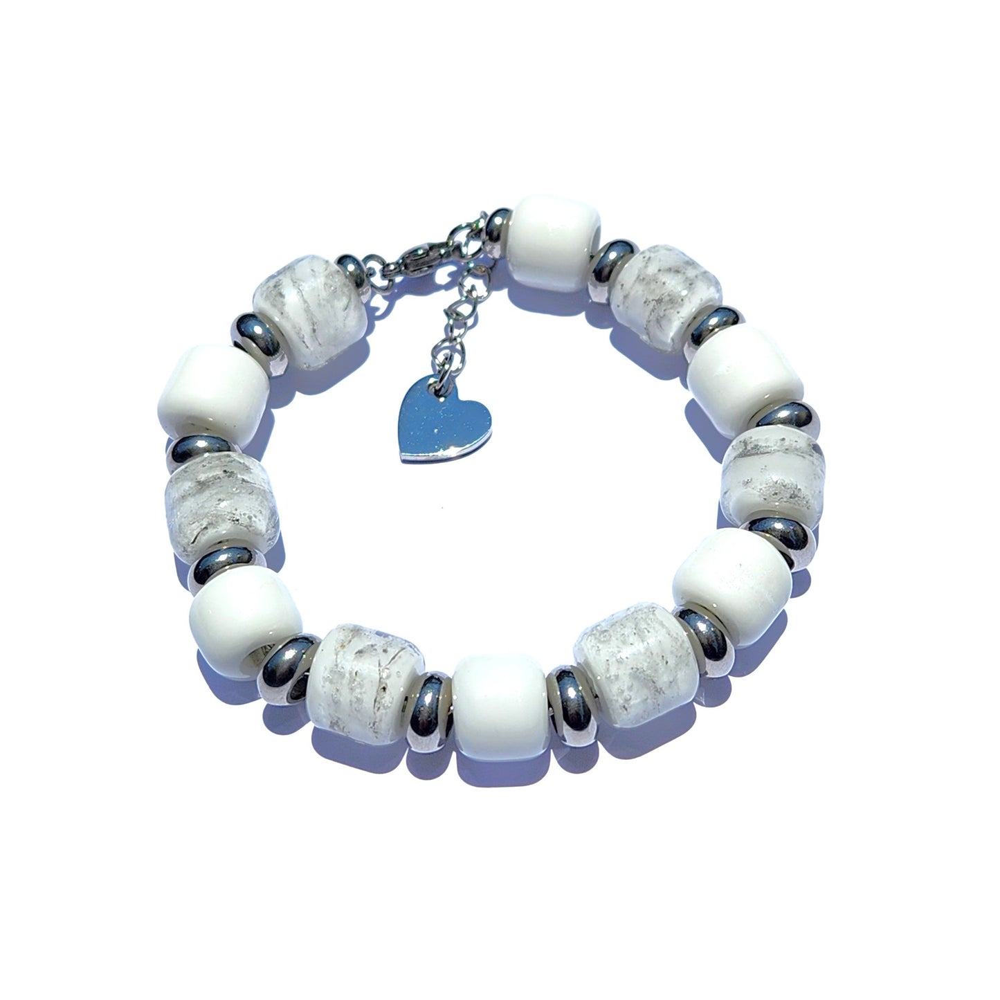 White Cremation Bracelet from the Eternal Collection featuring ash-infused beads and silver spacers, ideal memorial jewelry for men and women.