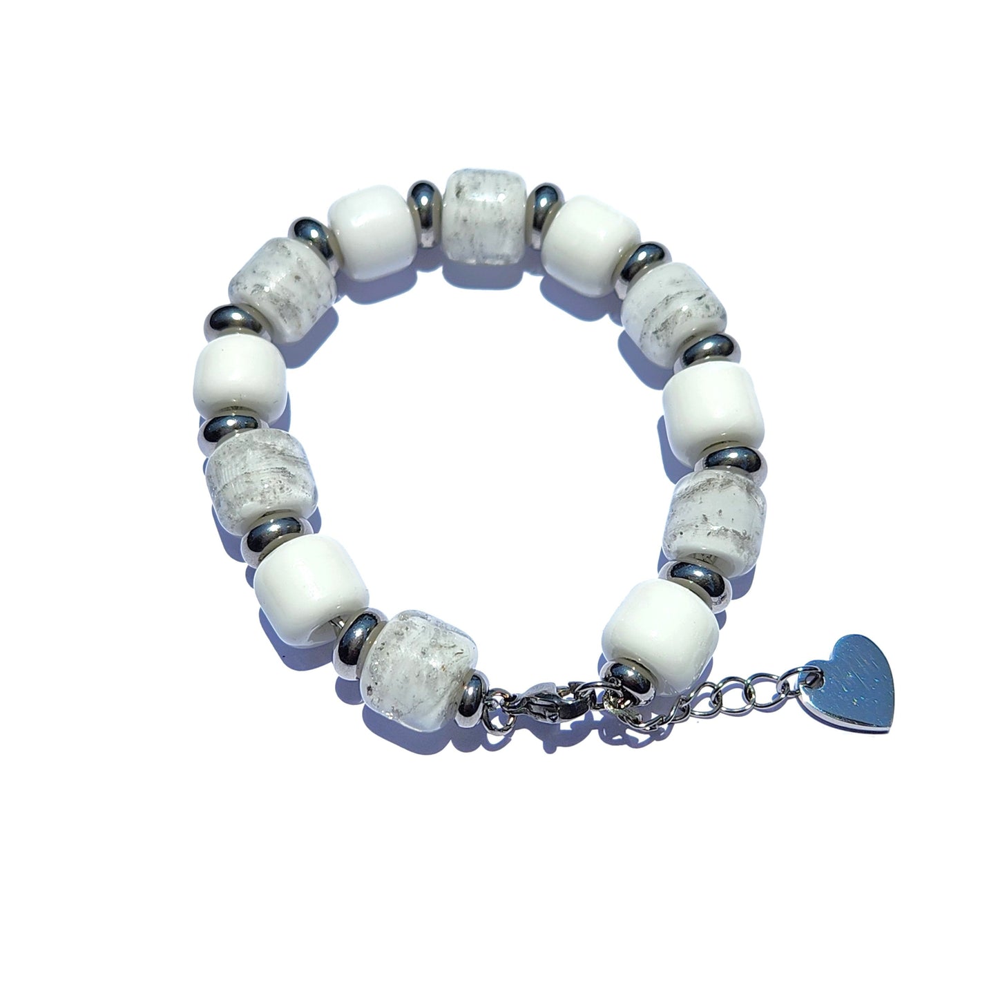 White Cremation Bracelet from the Eternal Collection featuring ash-infused beads and a heart charm, ideal memorial jewelry for men and women.
