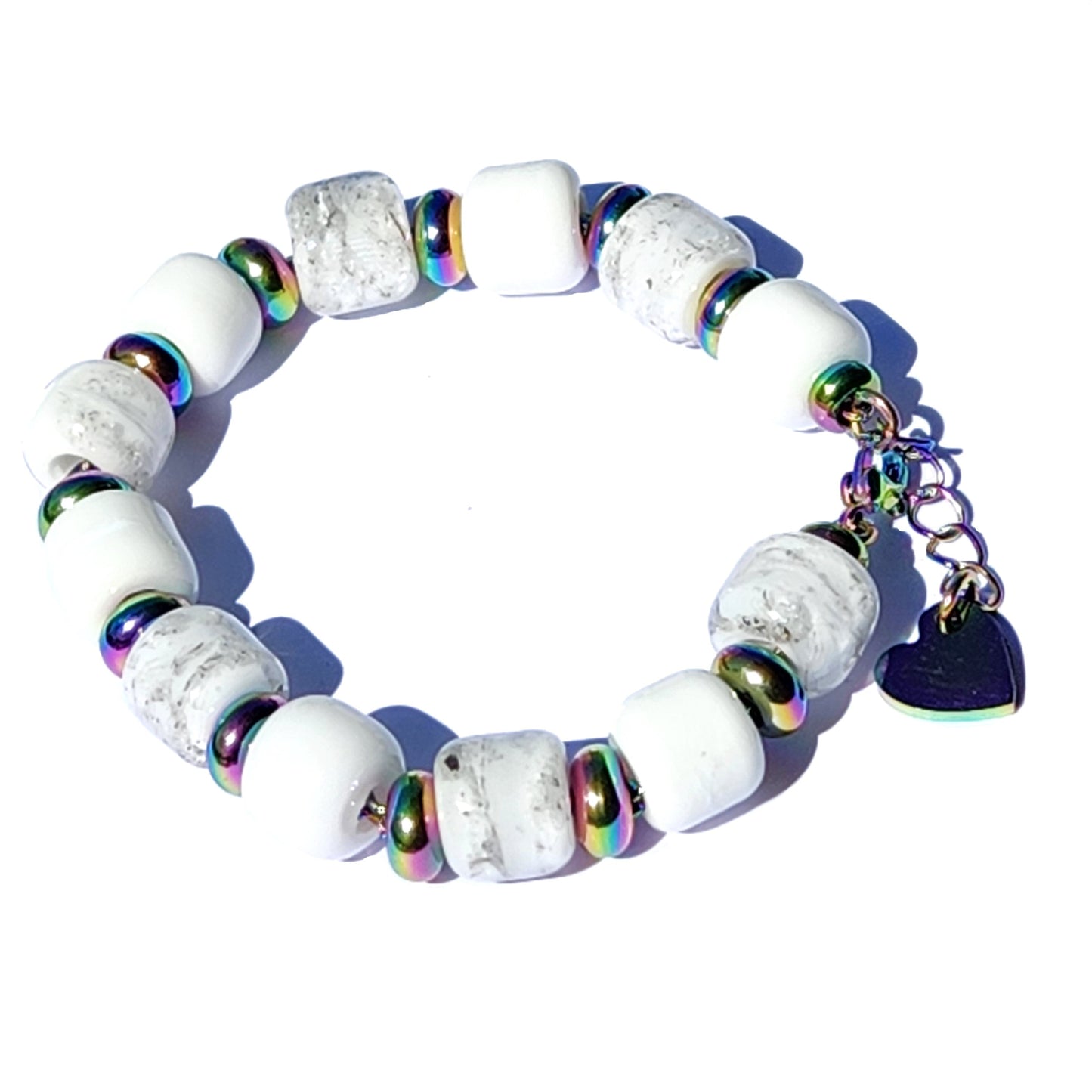 White Cremation Bracelet from the Eternal Collection featuring ash-infused white beads and rainbow-toned spacers, ideal memorial jewelry for men and women.