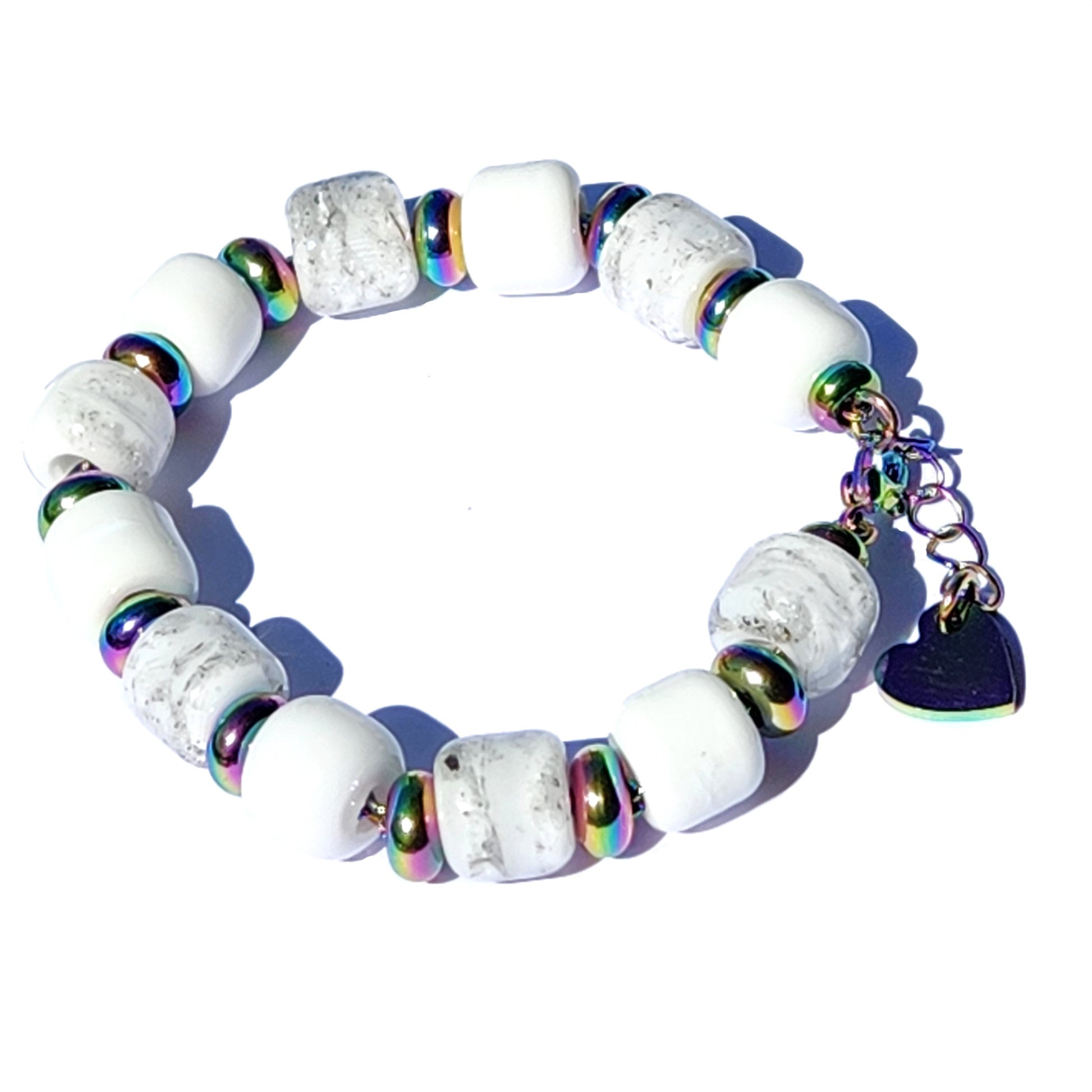 White Cremation Bracelet from the Eternal Collection featuring ash-infused white beads and rainbow-toned spacers, ideal memorial jewelry for men and women.