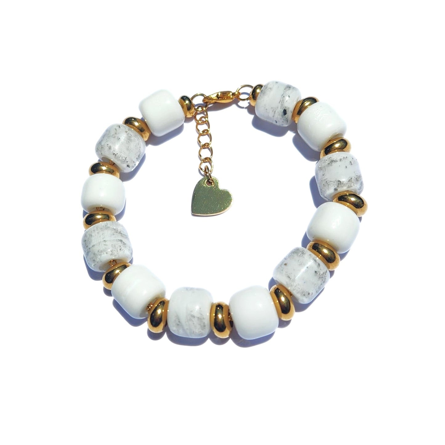 White Cremation Bracelet from the Eternal Collection featuring ash-infused white beads and gold accents, ideal memorial jewelry for men and women.