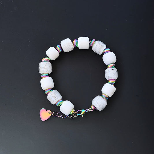 White Cremation Bracelet from the Eternal Collection featuring ash-infused white beads and rainbow spacers, ideal memorial jewelry for men and women.