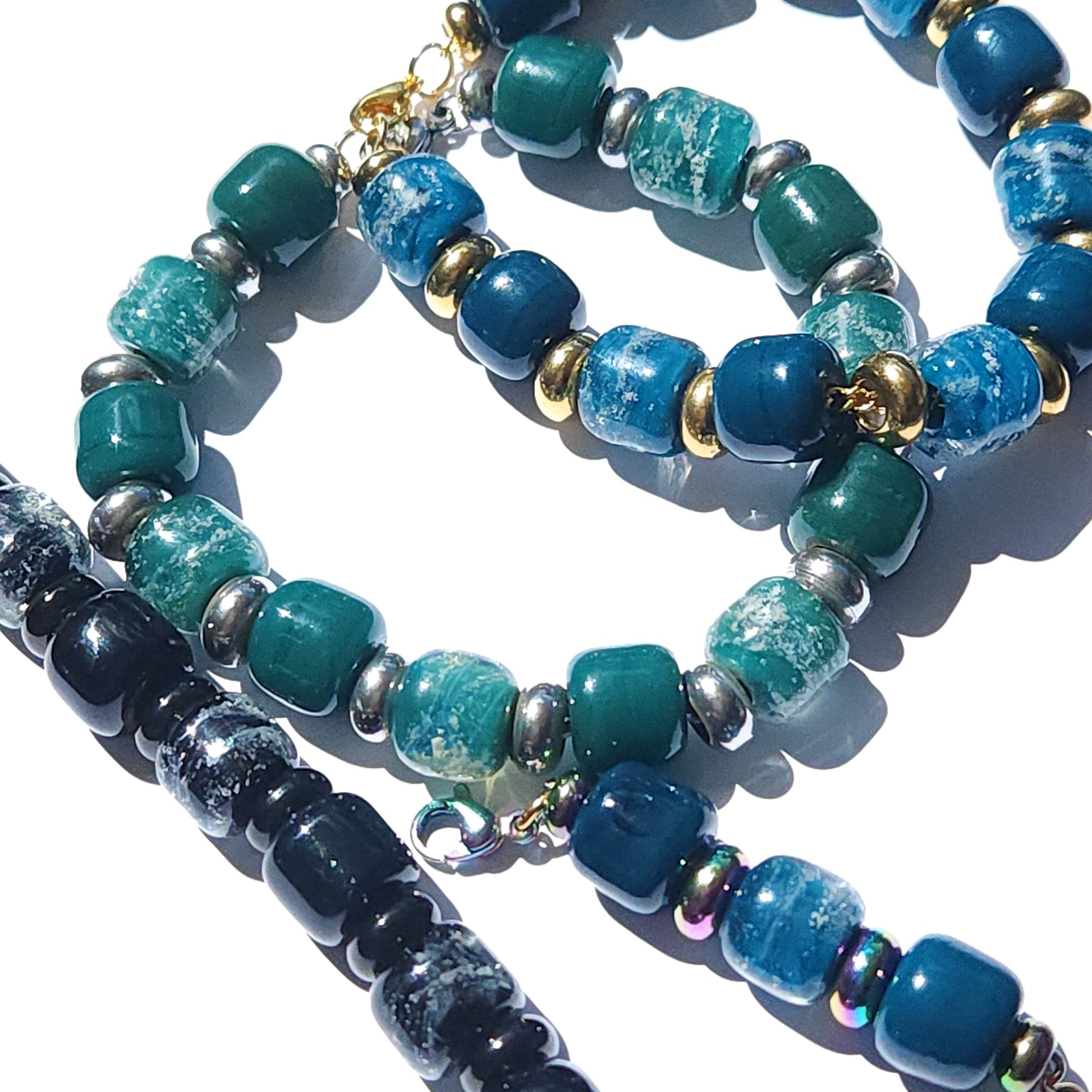 Eternal Bracelet with Cremation Ashes - Gold-Cremation Beads-DragonFire Glass-Ocean Blue-DragonFire Glass Cremation Jewelry