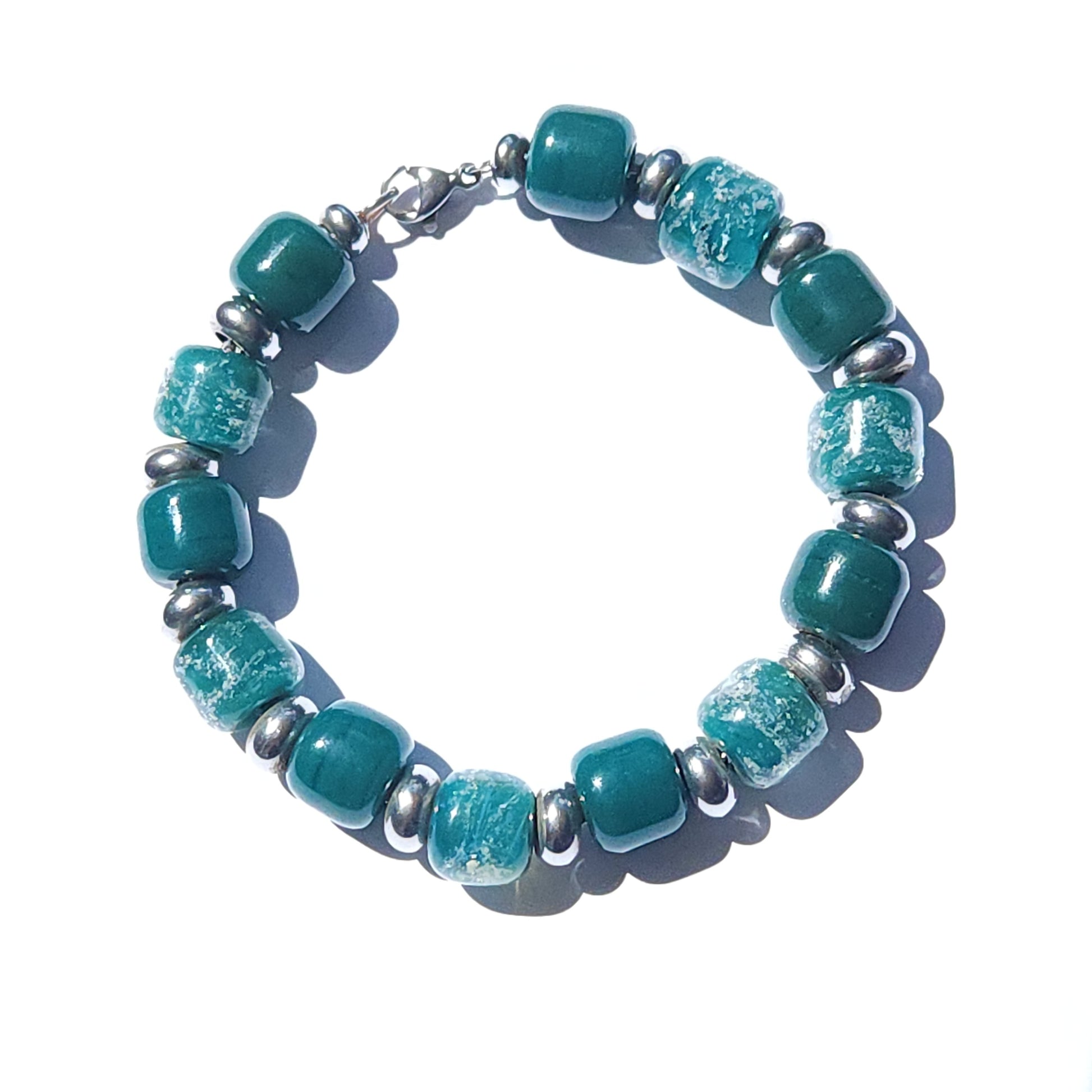 Eternal Cremation Bracelet With 6 Ash Beads - Silver-Cremation Beads-DragonFire Glass-Ocean Blue-DragonFire Glass Cremation Jewelry