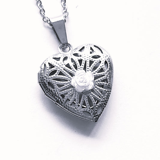 Heart of Remembrance Cremation Pendant - White Rose-Cremation Pendant-DragonFire Glass-DragonFire Glass Cremation Jewelry