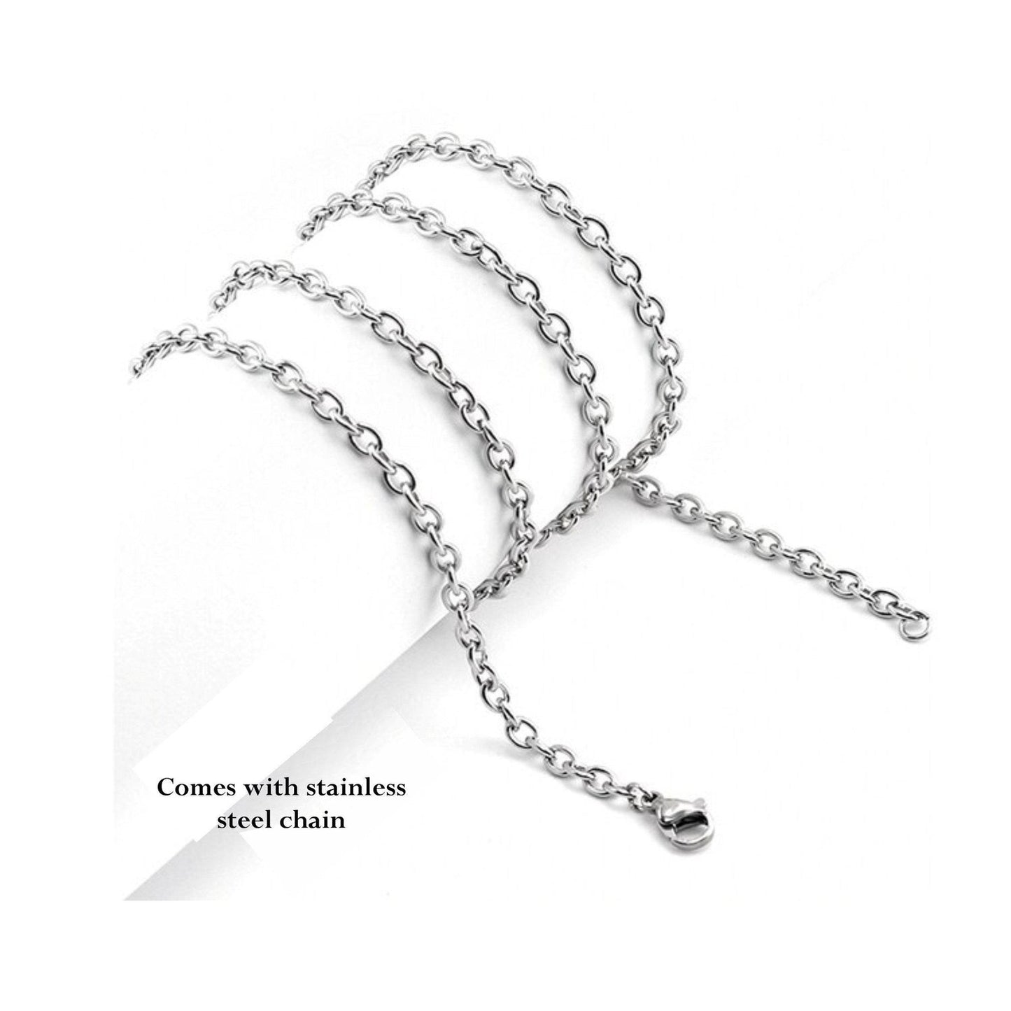 Stainless steel chain included with pet memorial cremation necklaces, featuring durable links and lobster clasp closure.