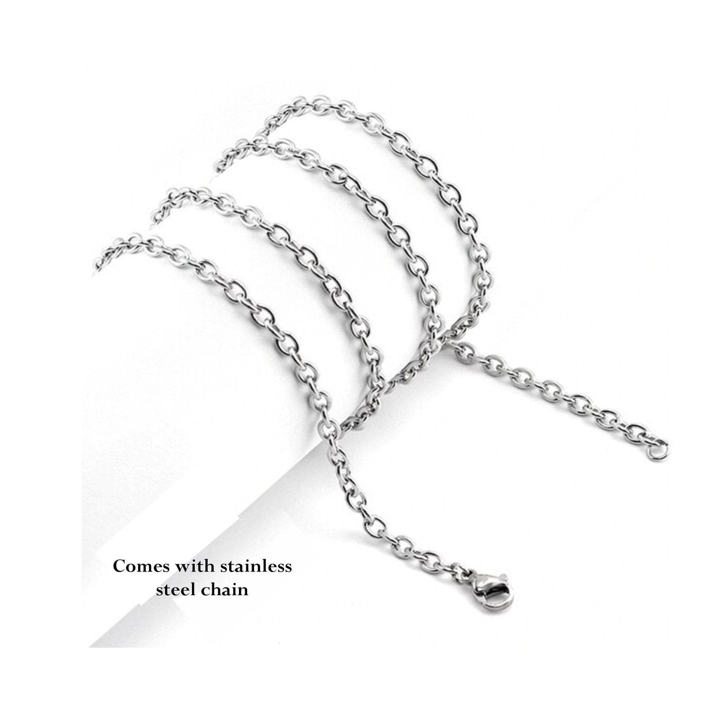 Stainless steel chain included with pet memorial cremation necklaces, featuring durable links and lobster clasp closure.