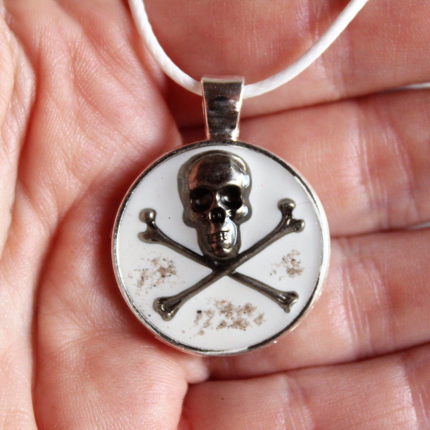 The Skull and Crossbones Cremation Pendant-Pendant-DragonFire Glass-Round Black-White-DragonFire Cremation Jewelry