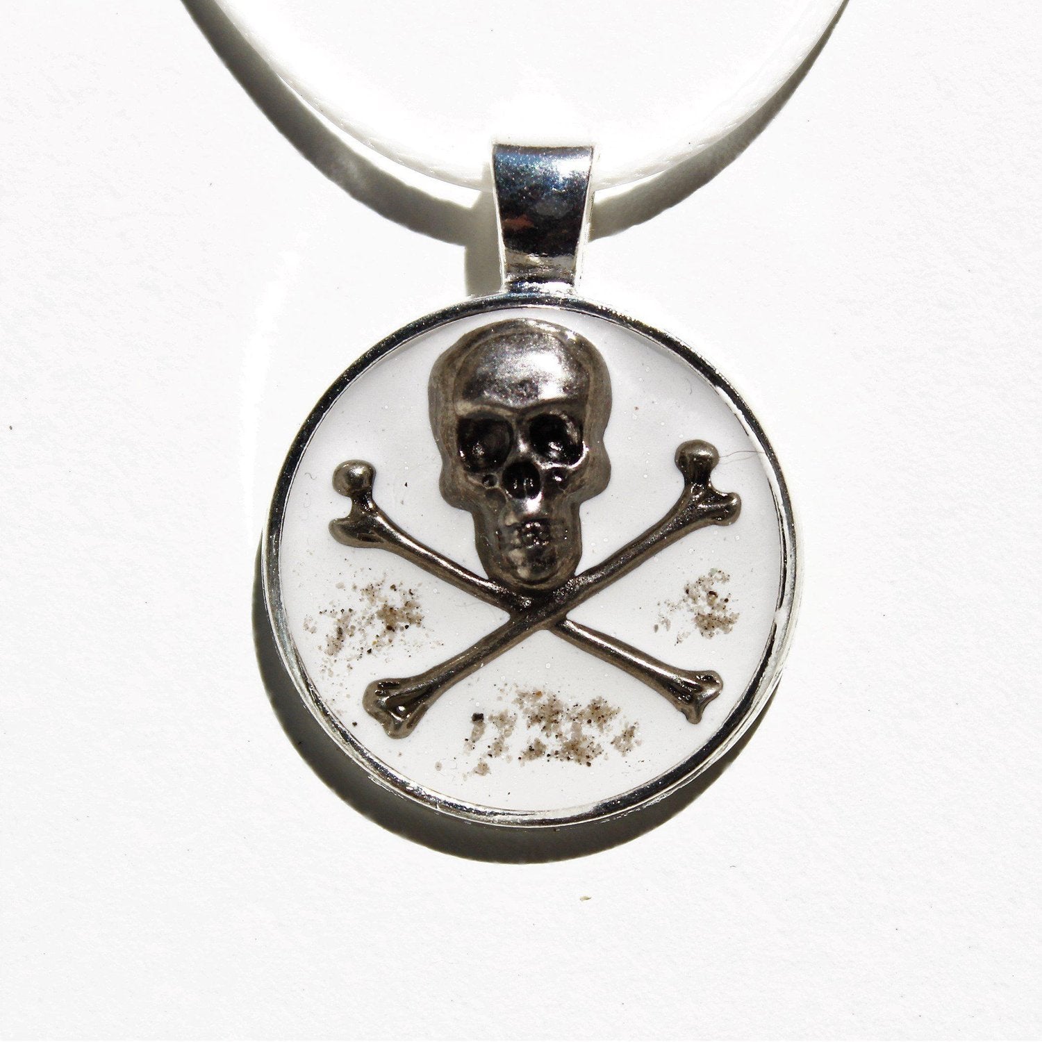 The Skull and Crossbones Cremation Pendant-Pendant-DragonFire Glass-Round Silver-White-DragonFire Cremation Jewelry